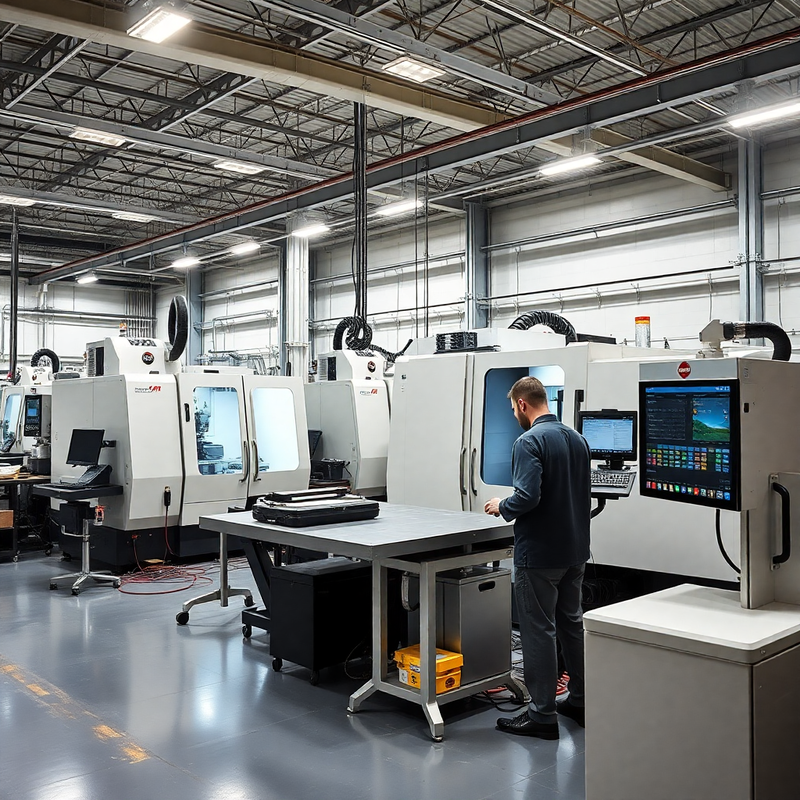 modern manufacturing facility, precision CNC machines, quality control inspection, industrial engineering workspace