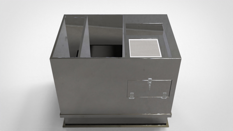 HVAC filter curb housing with access door open showing filters, white powder coat finish, clean industrial background