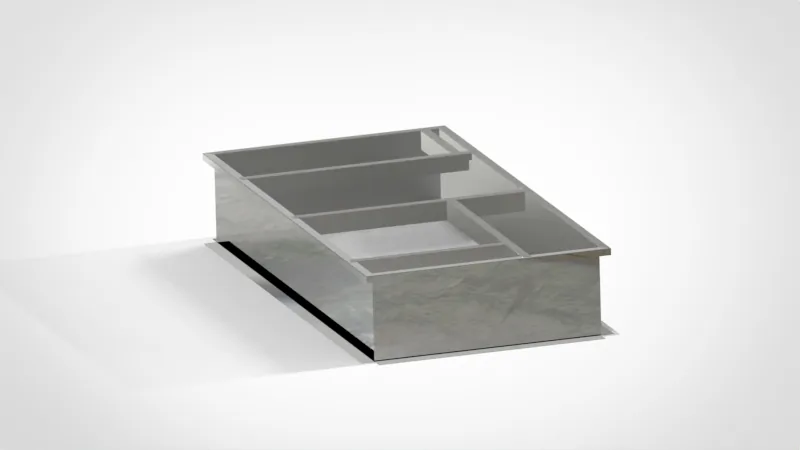 galvanized steel roof curb adapter for HVAC, unpainted metal finish, studio shot, isometric view, sheet metal fabrication