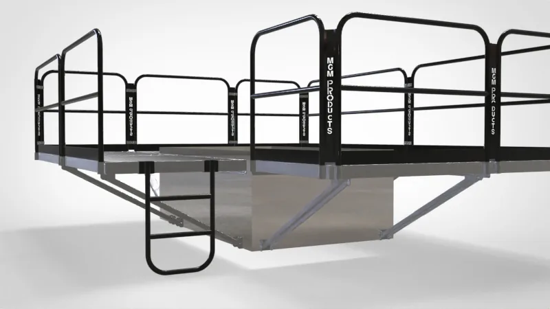 rooftop HVAC service platform walkway with black safety railings around large commercial AC unit, technician working, sunny day