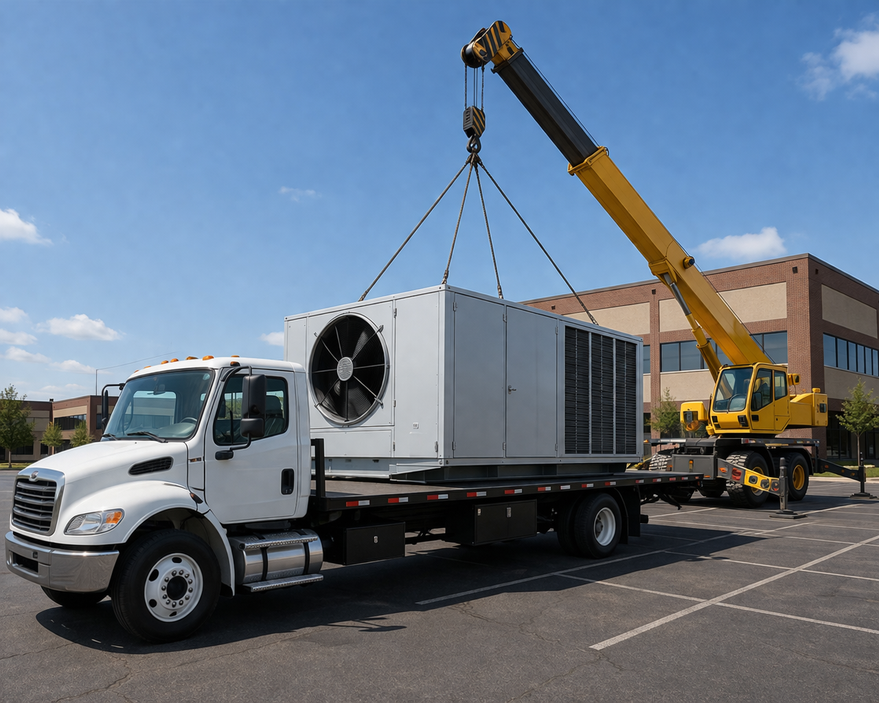 delivery truck with HVAC equipment being loaded, logistics warehouse, freight shipping, industrial delivery, professional transportation services